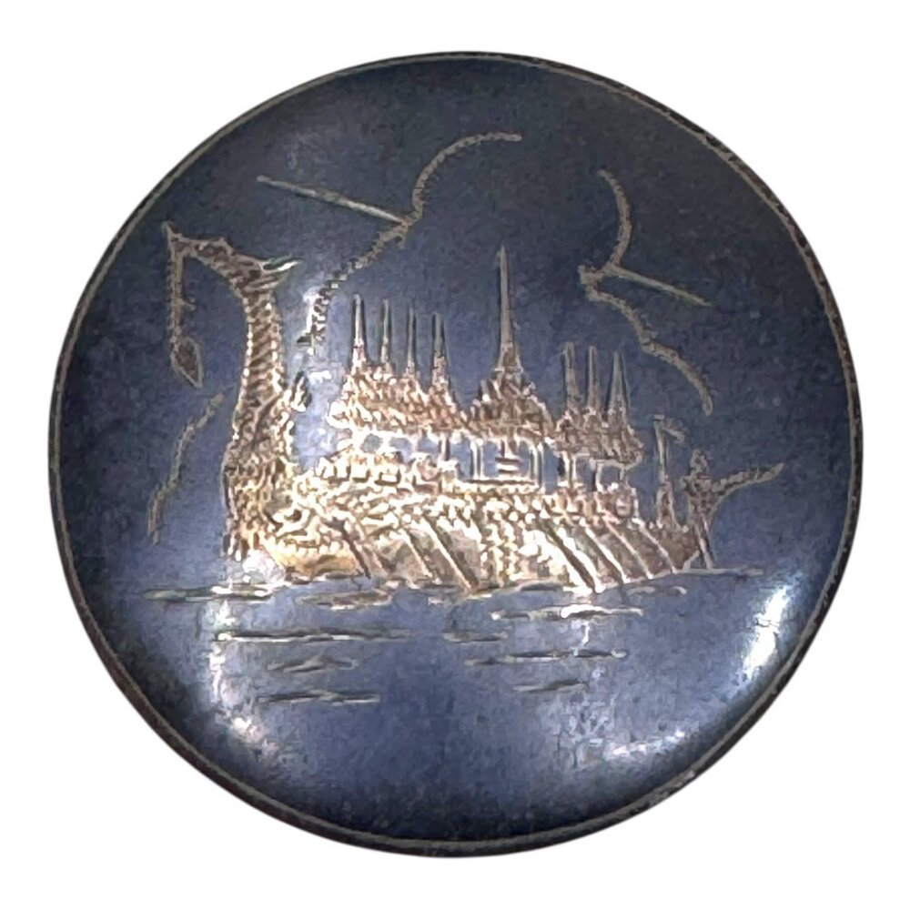 Vintage Siam Sterling Silver Niello Brooch Royal Barge Nautical Ship Landscape